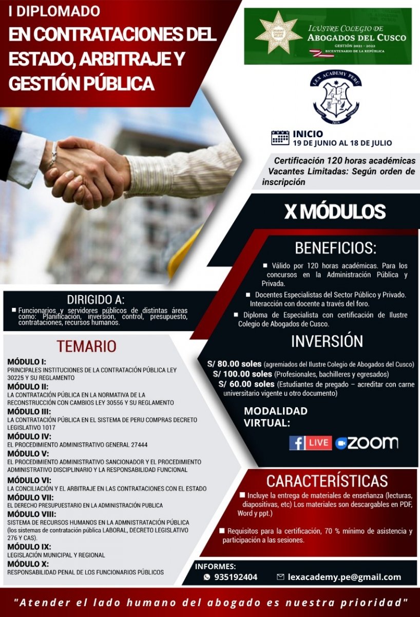 INVITACIÓN: I Diplomado en Contrataciones del Estado, Arbitraje y Gestión Pública